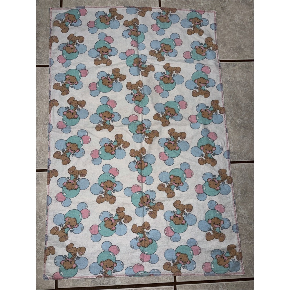VTG Precious Moments Pastel Rainbow Cute Teddy Bear Receiving Baby Blanket 30x20